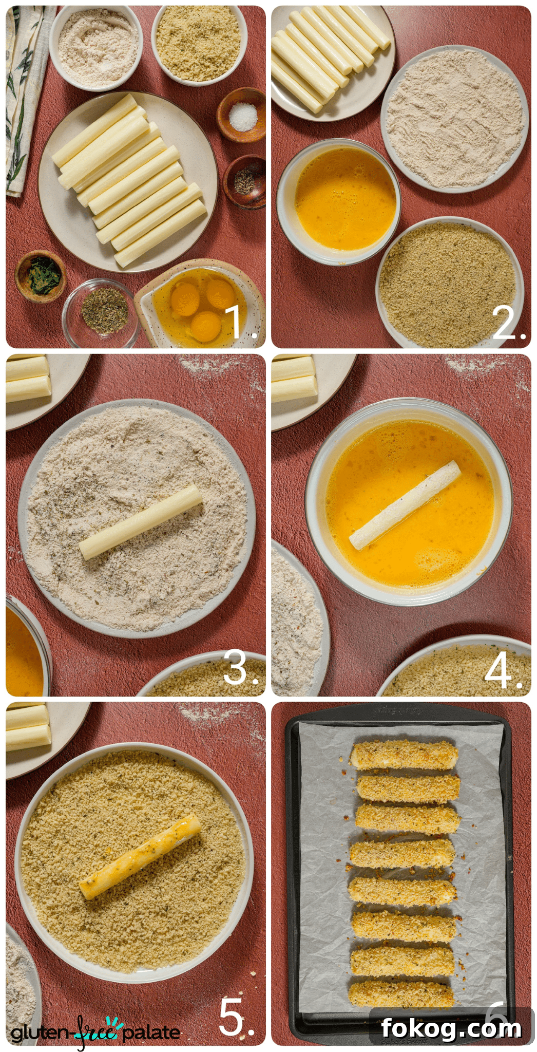 Crispy Gluten-Free Mozzarella Sticks with Zesty Marinara Dip 6 gluten-free mozzarella sticks Step by step