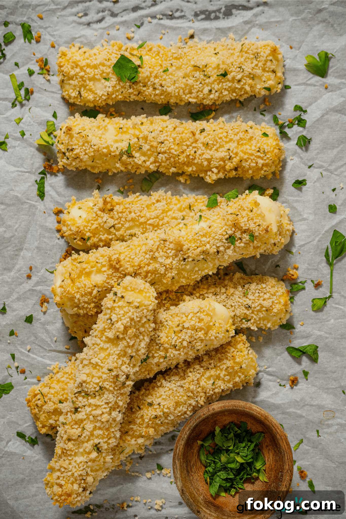 Crispy Gluten-Free Mozzarella Sticks with Zesty Marinara Dip 7 gluten-free mozzarella sticks on parchment paper.