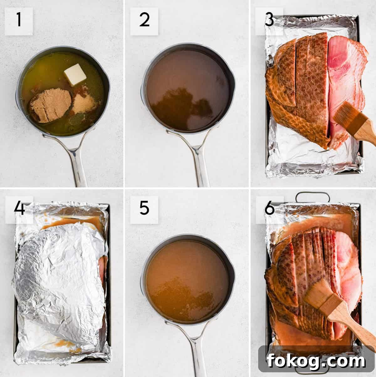 six panel collage image showing how to make baked spiral ham