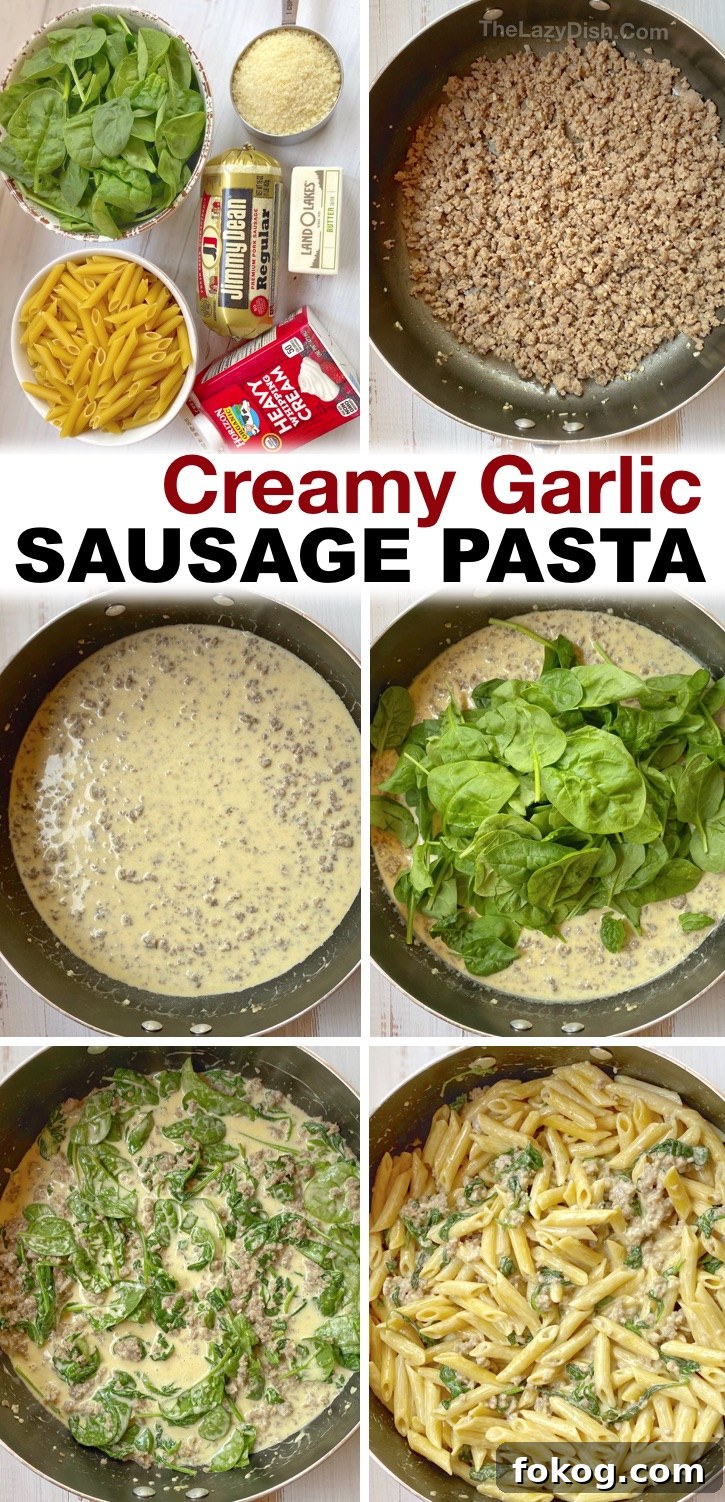 Hearty family pasta meal with sausage and spinach