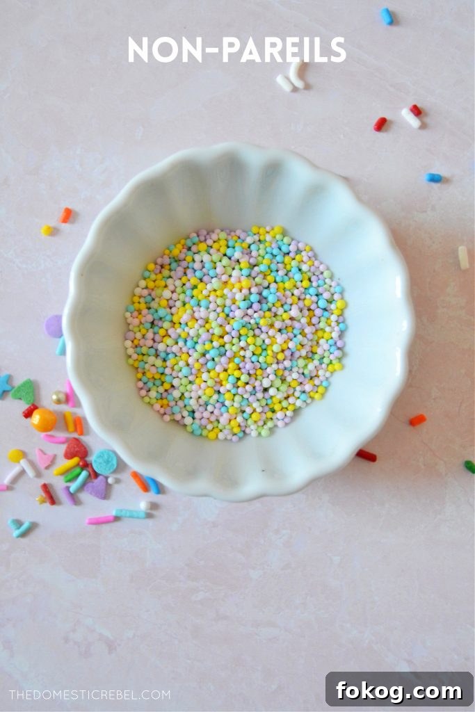 non-pareils in a small white bowl