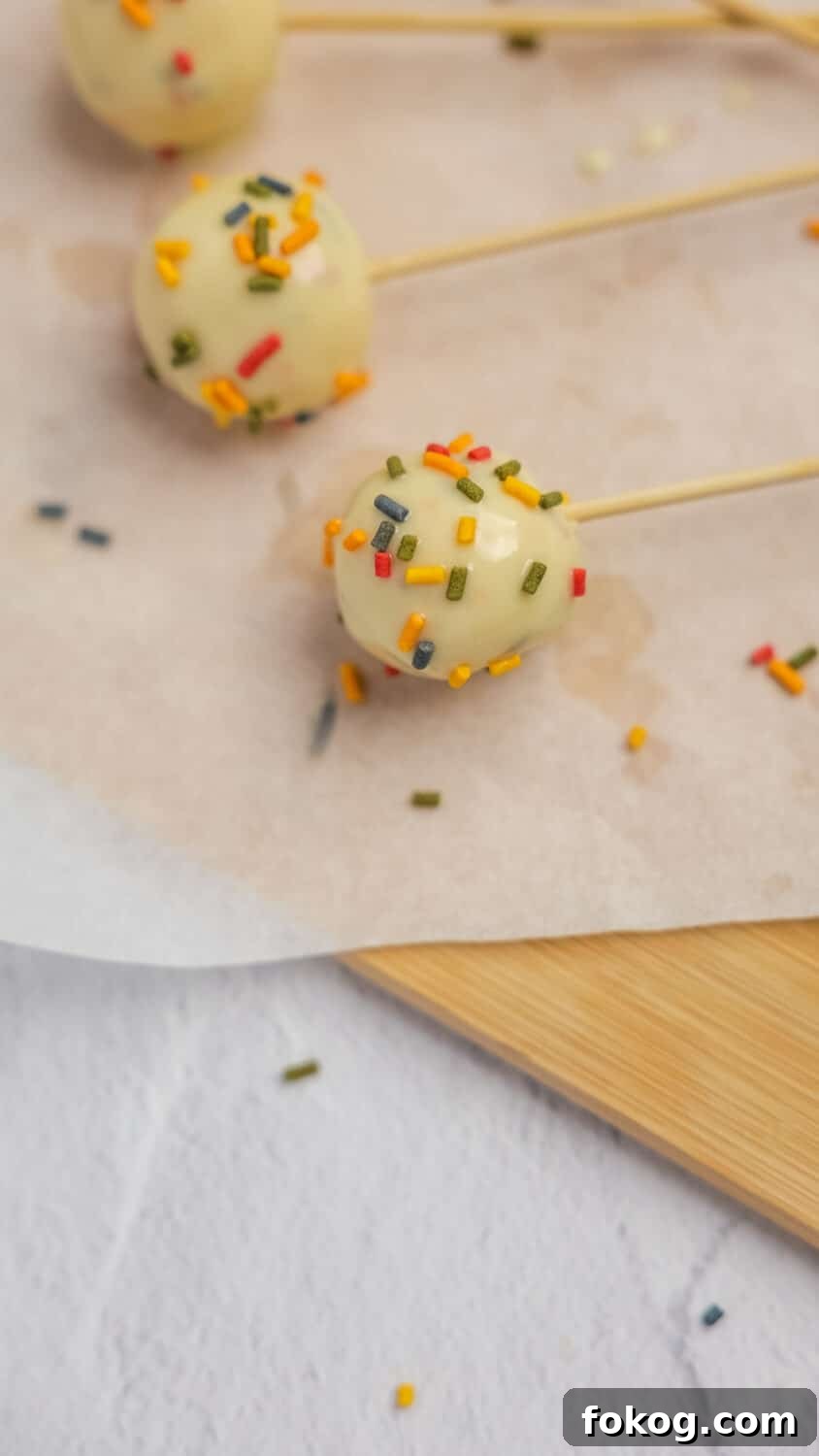 Keto Cottage Cheese Cake Pops Recipe — Low-Carb Dessert Bite 12 cake pop freshly dipped and sprinkled