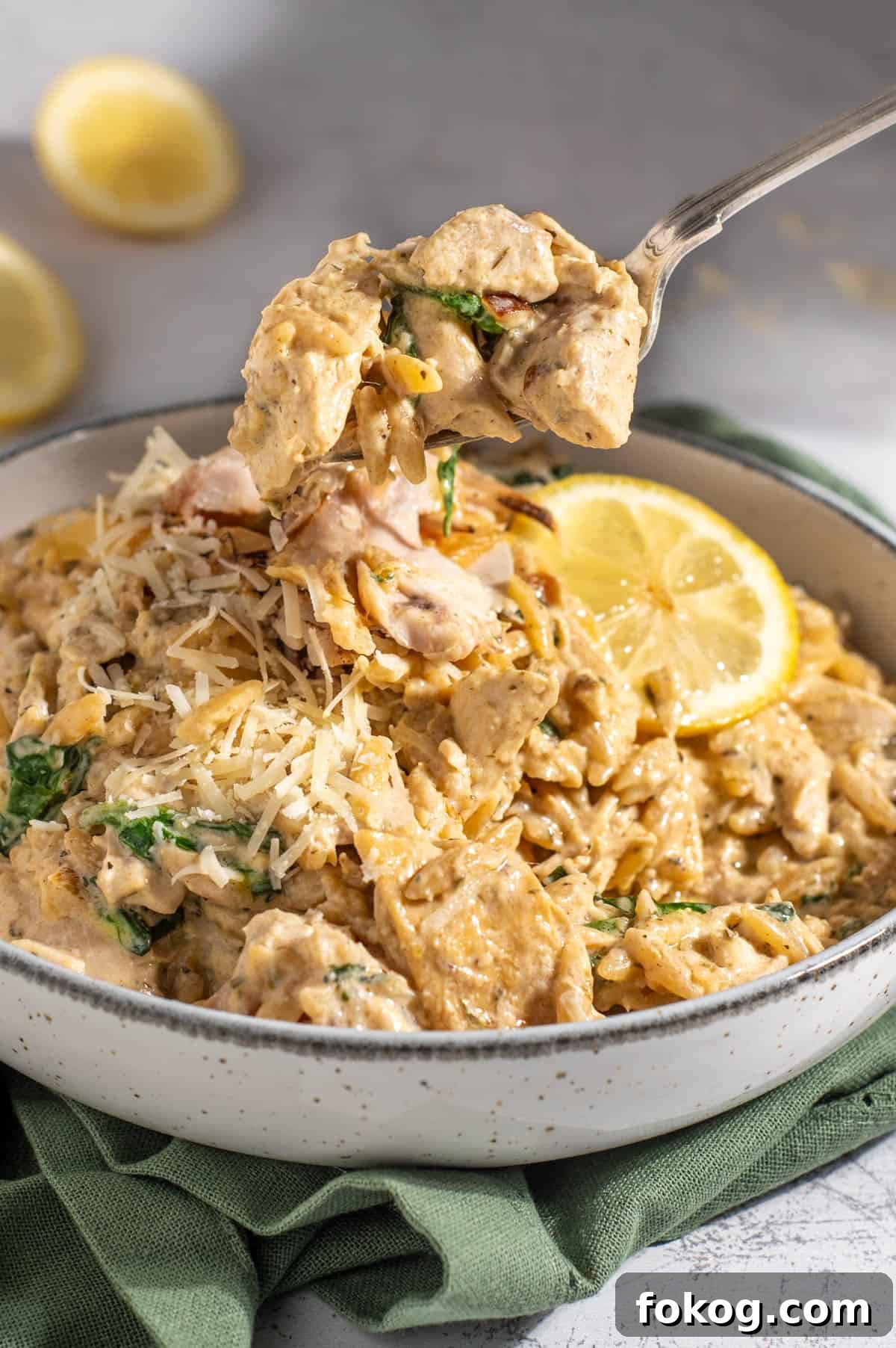 Creamy Lemon Chicken Orzo — One-Pot Weeknight Dinner 2 Lemon chicken orzo pasta with a spoonful on a fork.