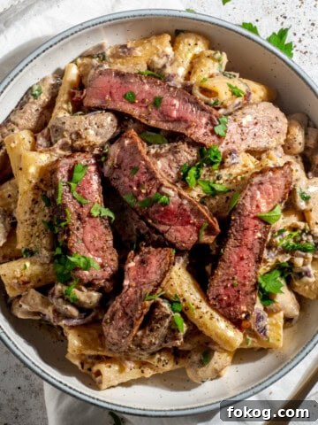 Creamy steak pasta with mushroom whisky sauce in a bowl