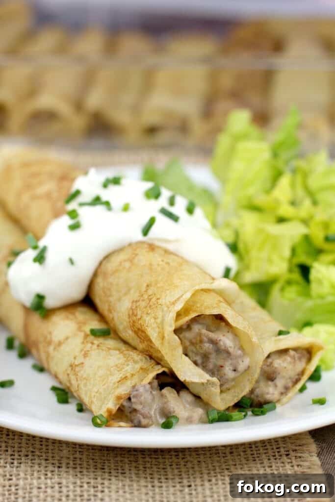 Smoked Salmon Crepes Recipe with Creamy Dill Filling 13 beef stroganoff crepes on a dish, topped with sour cream with a side of salad