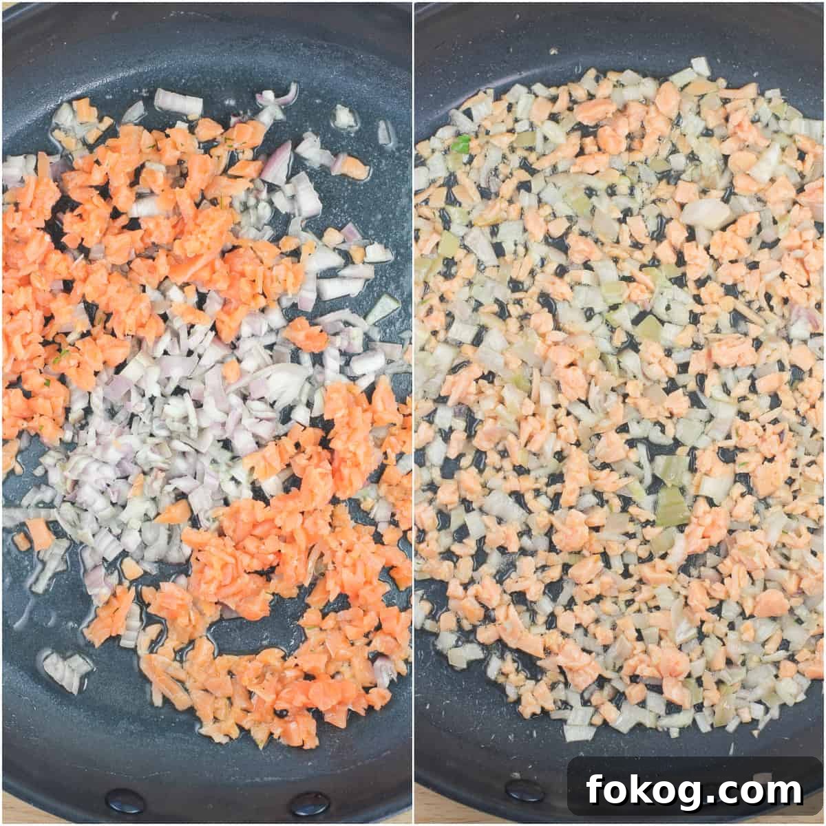 Smoked Salmon Crepes Recipe with Creamy Dill Filling 6 collage of 2 photos: left, salmon and shallot in skillet; right, salmon and shallot after cooking