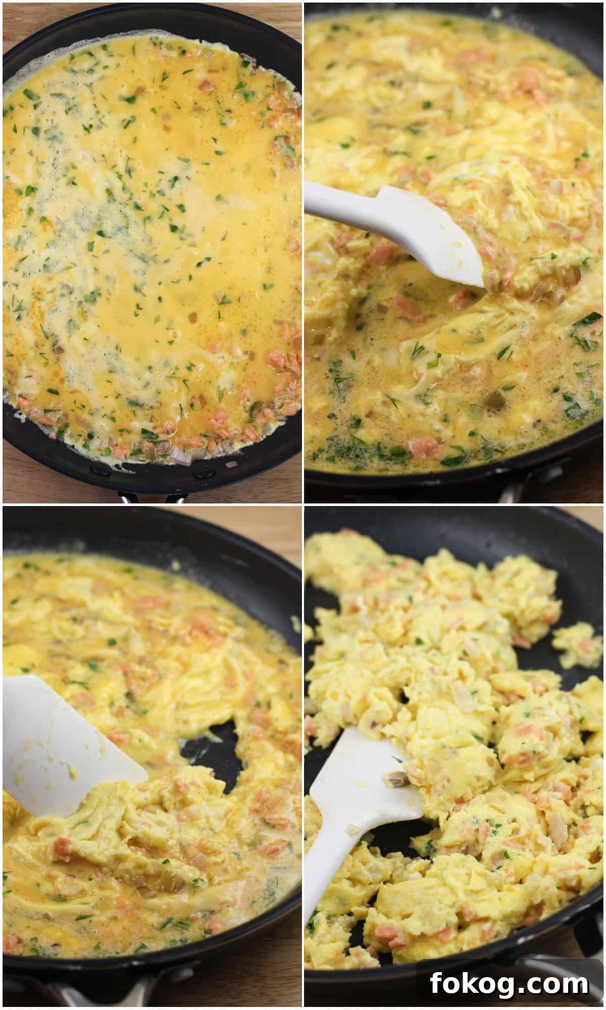 Smoked Salmon Crepes Recipe with Creamy Dill Filling 7 collage of 4 photos showing progression of making the smoked salmon scrambled eggs