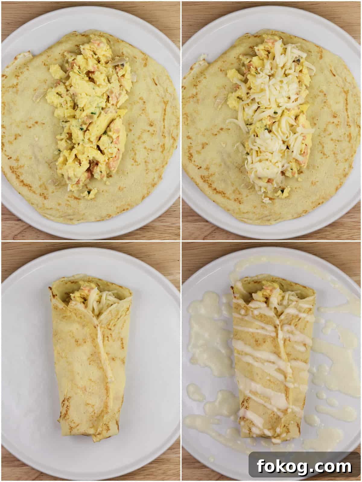Smoked Salmon Crepes Recipe with Creamy Dill Filling 9 collage of 4 photos showing the progression of assembling crepe: egg on crepe; cheese on top of egg; folded crepe; white wine sauce drizzled over