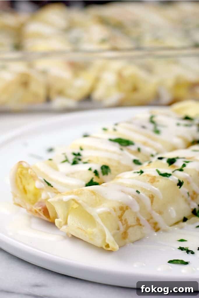 Smoked Salmon Crepes Recipe with Creamy Dill Filling 10 two plated crepes on white dish; casserole dish in background