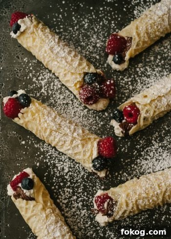 Nutella and Berry-Filled Pizzelle Waffle Cookies 9 Rolled pizzelle cookies filled with whipped cream, berries, and Nutella.
