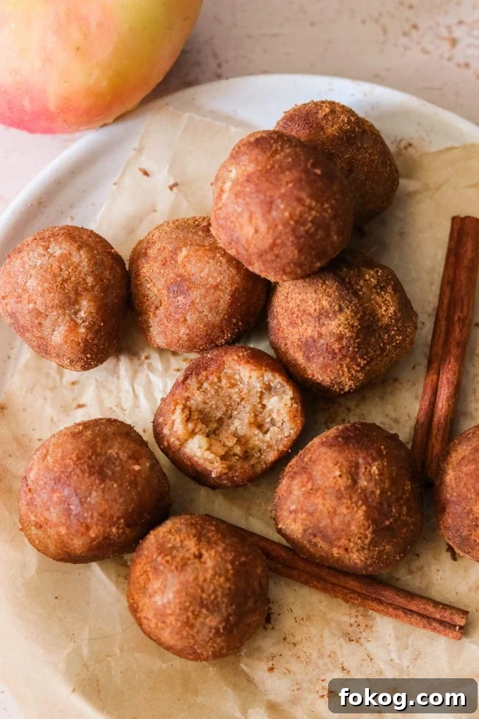 No-Bake Paleo and Vegan Apple Cinnamon Donut Holes 5 gluten free vegan donut holes served on a plate alongside an apple and cinnamon sticks