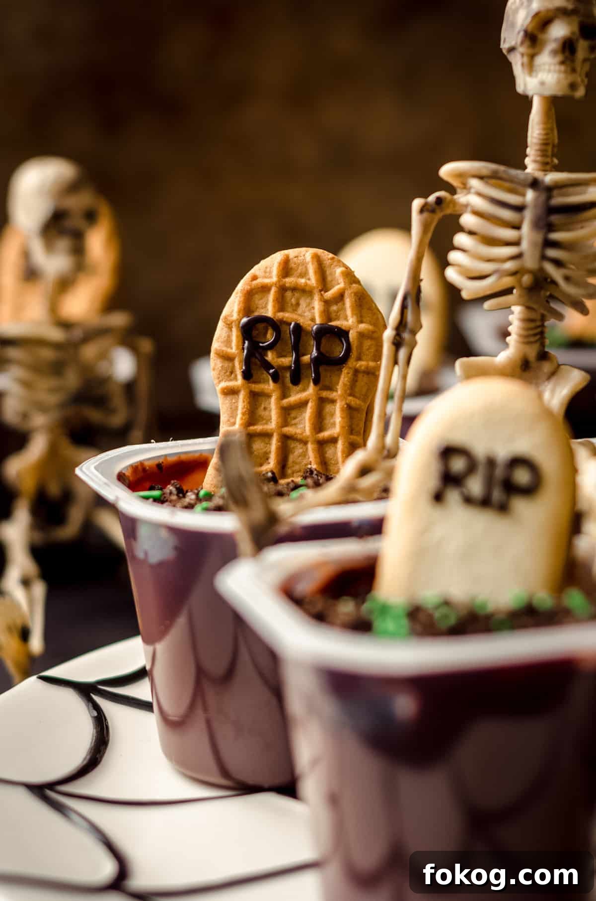Rice Krispies Brains Recipe: Spooky Halloween Treats Tutorial 14 graveyard pudding cup with a skeleton sitting on it