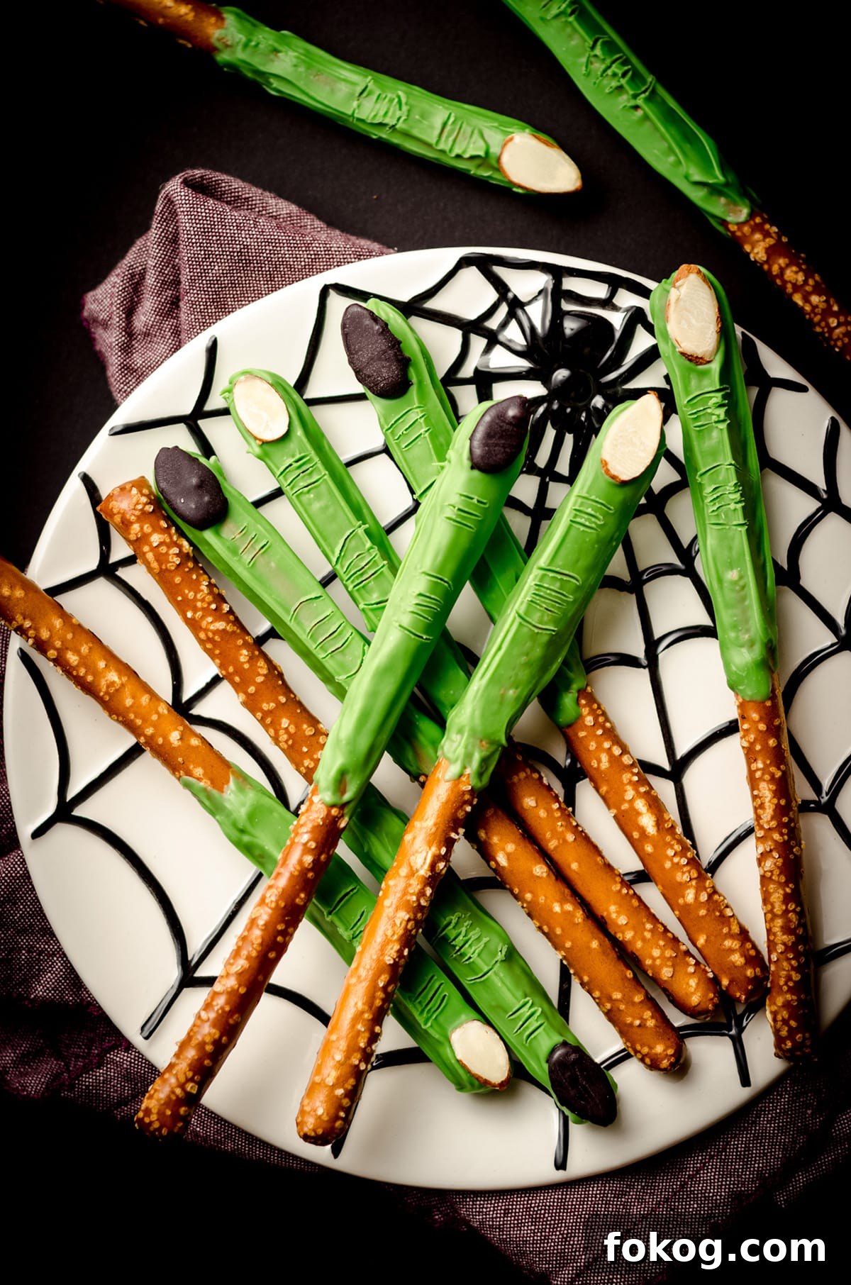 Rice Krispies Brains Recipe: Spooky Halloween Treats Tutorial 15 aerial photo of witch finger pretzels on a spider web plate