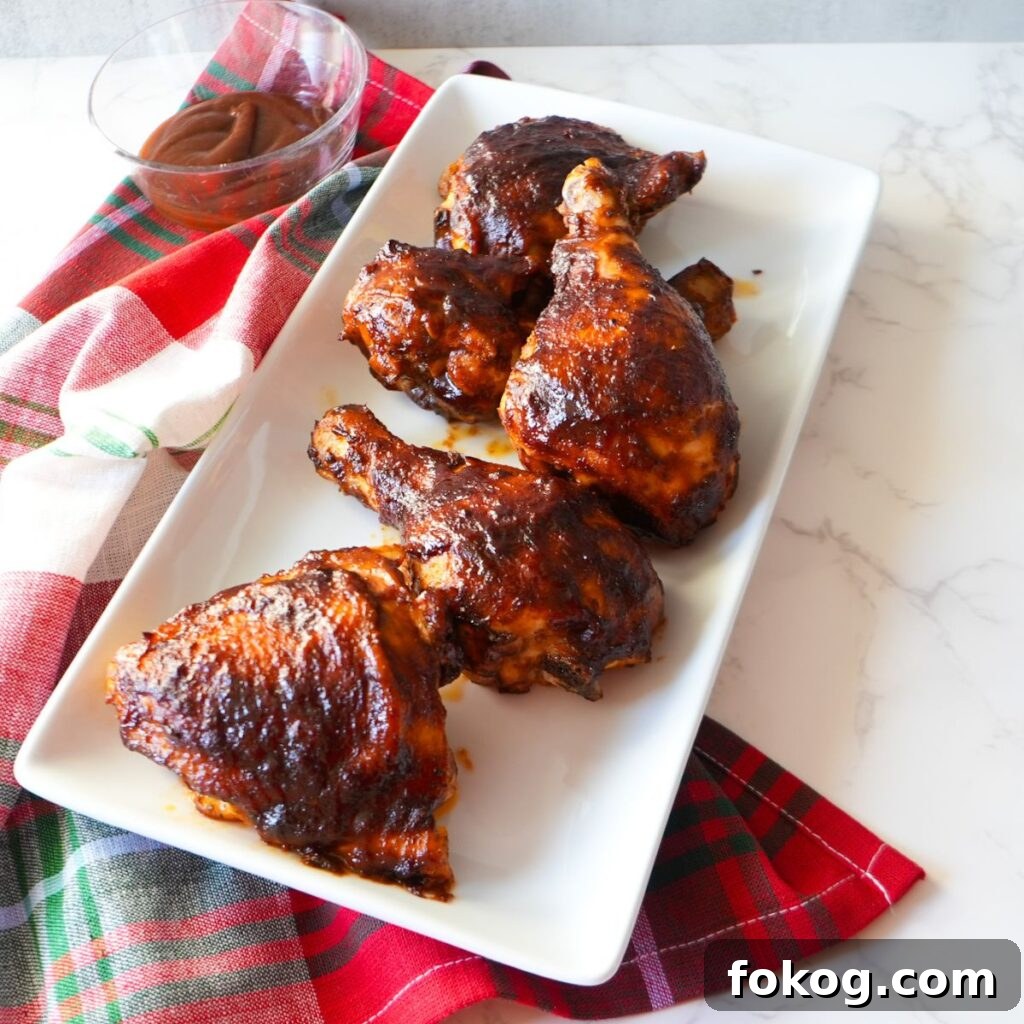 Baked BBQ chicken, glazed with barbecue sauce, served on a white platter.