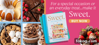 Slow-Cooker Apple Crisp with Cinnamon Oat Topping 8 A cookbook titled Sweet by Beth Baumgartner is surrounded by images of cakes, cookies, cupcakes, and chocolate-dipped strawberries. Text reads: For a special occasion or an everyday treat...make it Sweet. BUY NOW.