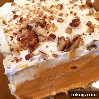 Pumpkin Layered Lush with layers of cream cheese, pumpkin filling, whipped cream and a pecan crumb crust.