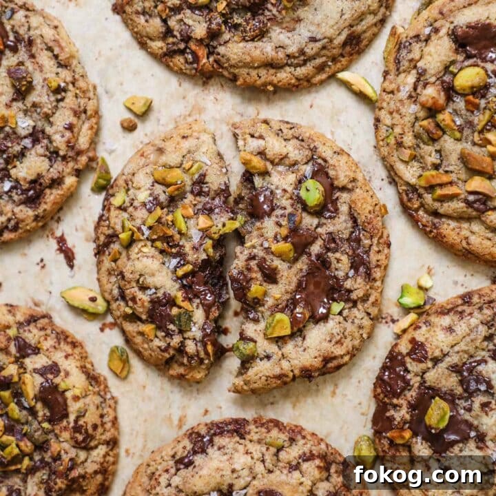 Brown butter pistachio chocolate chip cookies