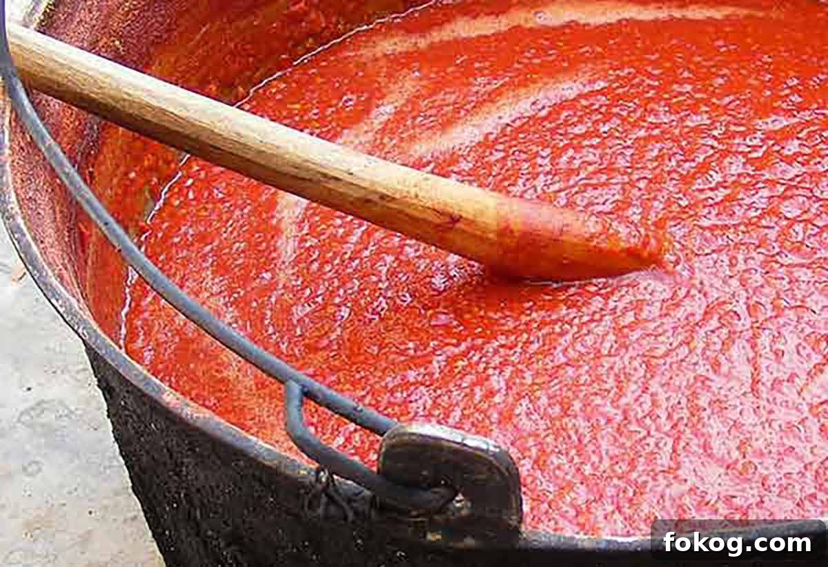 fresh tomato marinara sauce simmering in a pot with a wooden spoon