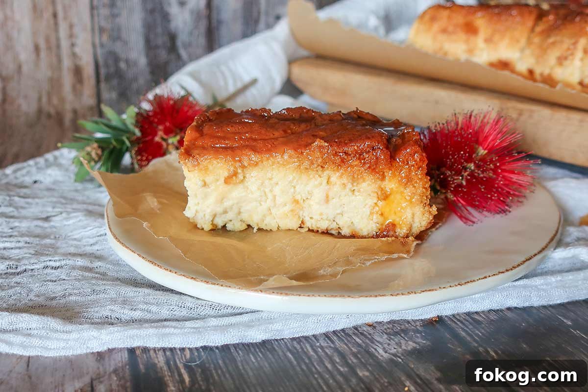 gluten free ricotta cake on a plate showcasing caramel topping