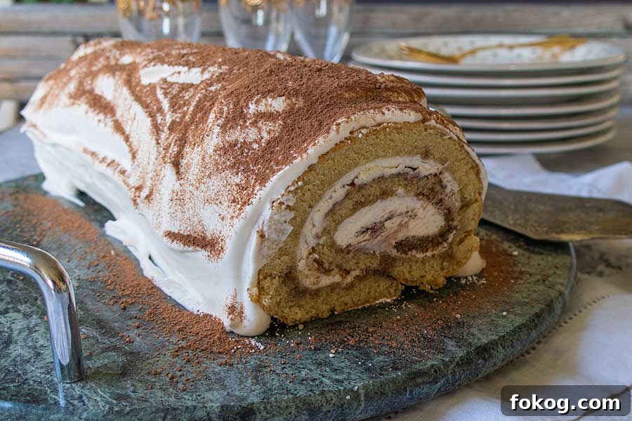 tiramisu swiss roll on a cake platter dusted with cocoa powder, gluten free