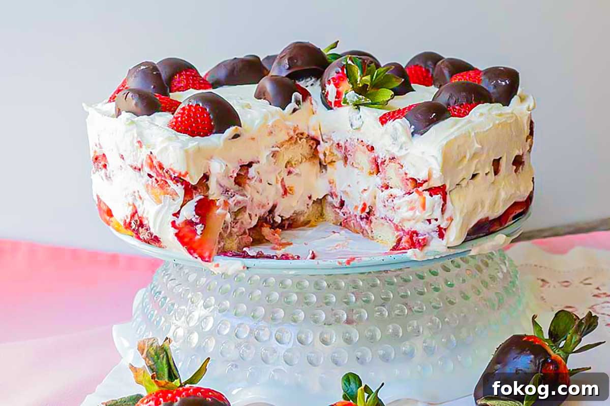 cross section of strawberry tiramisu dessert on a cake platter