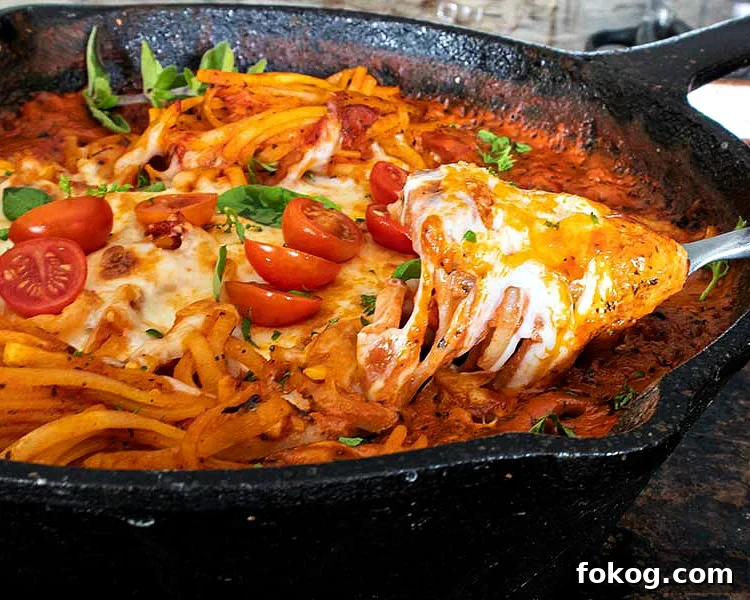 one pot creamy tomato pasta bake in a skillet, with fresh basil and tomatoes gluten free