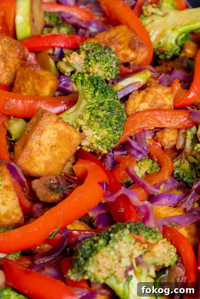 Close up of Crispy Tofu Hoisin Stir-fry. Vegan, GF & Healthy! Georgie Eats.