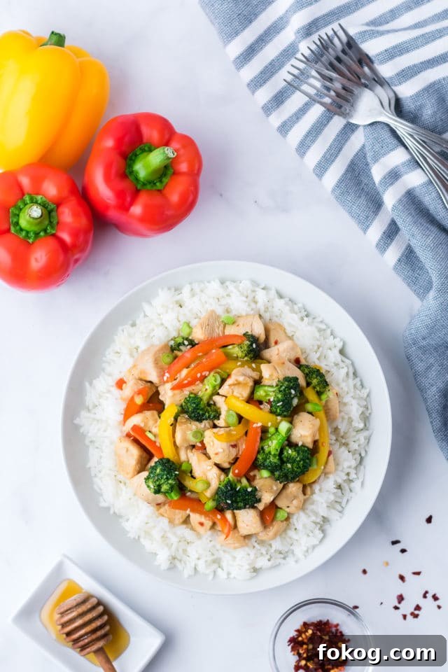 Overhead shot of chicken stir fry on rice with bell peppers