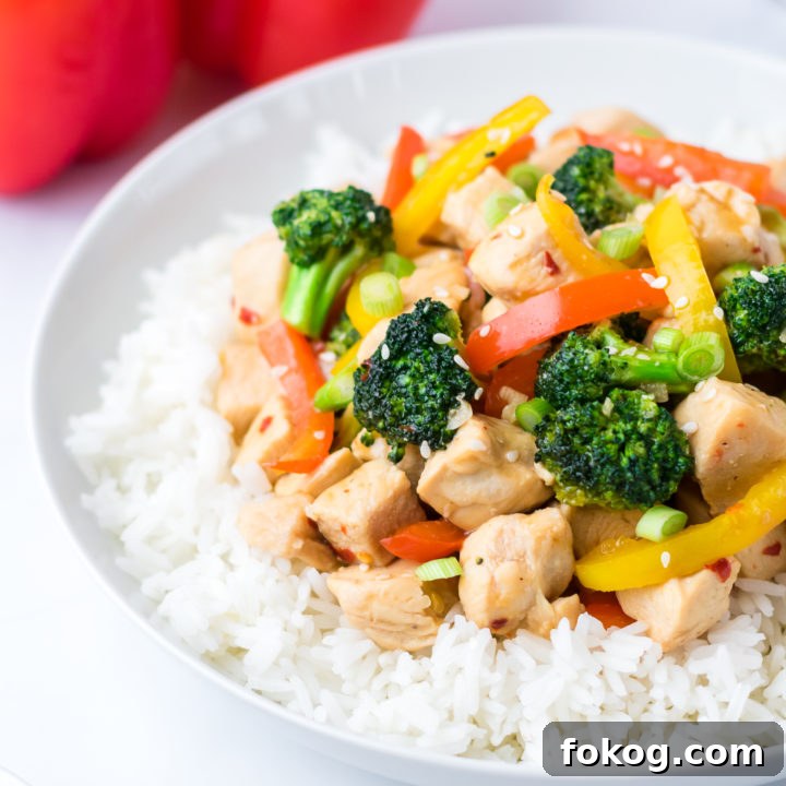 Chicken, veggies and rice on a white plate