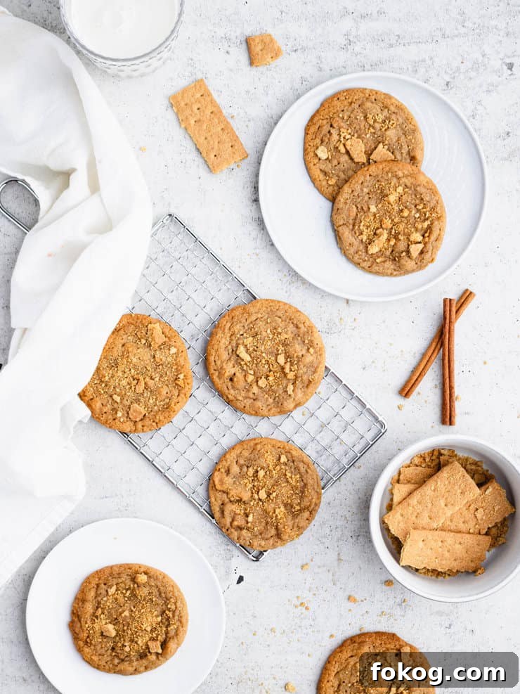 Overhead view of graham cracker cookies on a small silver cooling rack with other cookies, a bowl of graham crackers and sticks of cinnamon around it.