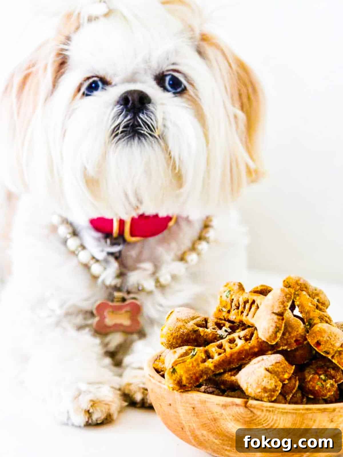 Homemade Dog Treat Recipes: Simple, Nutritious Snacks for Dogs 2 Sassy sitting with a wooden bowl of homemade dog treats