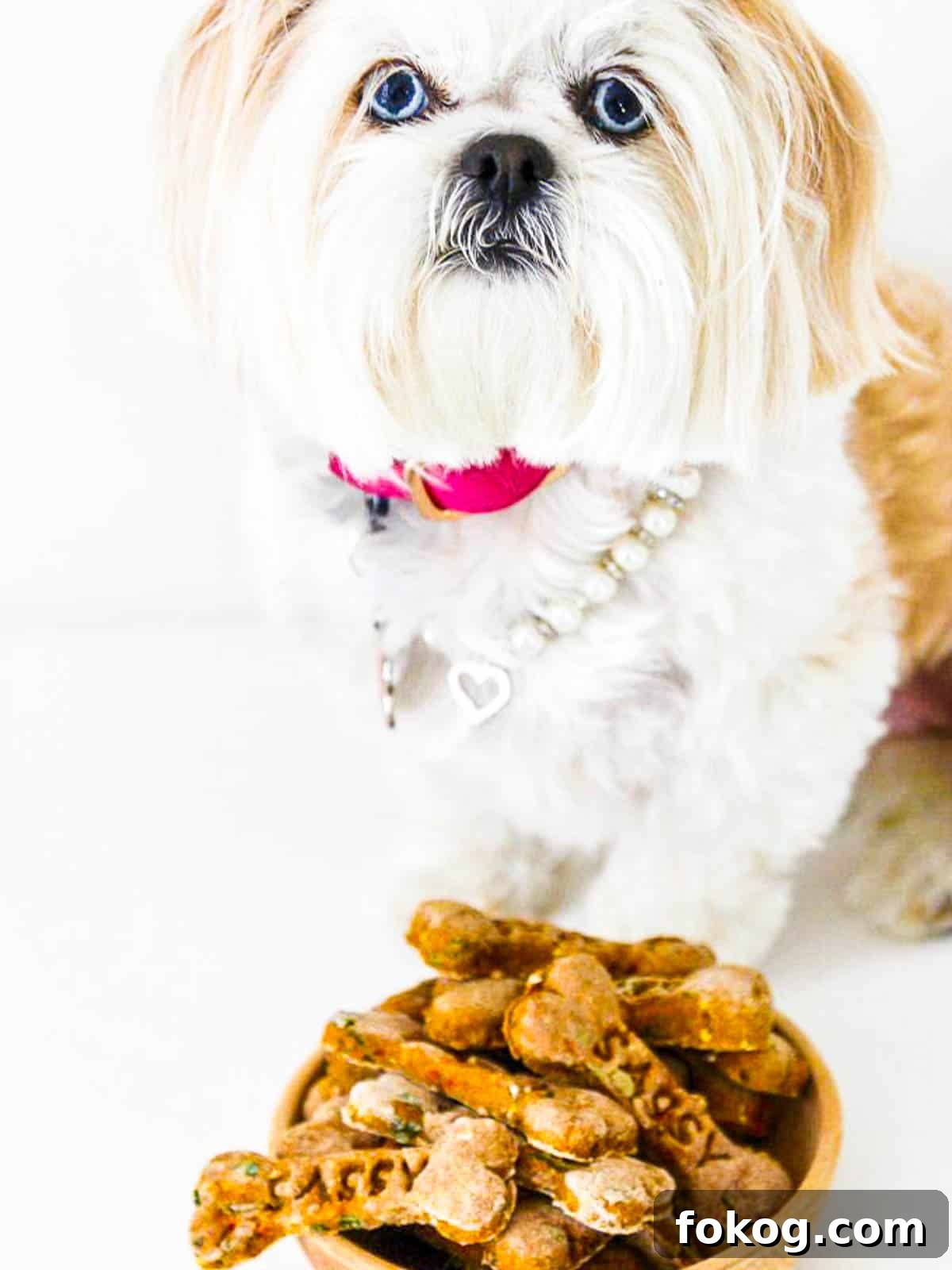 Homemade Dog Treat Recipes: Simple, Nutritious Snacks for Dogs 13 A wooden bowl with homemade dog treats and a white dog