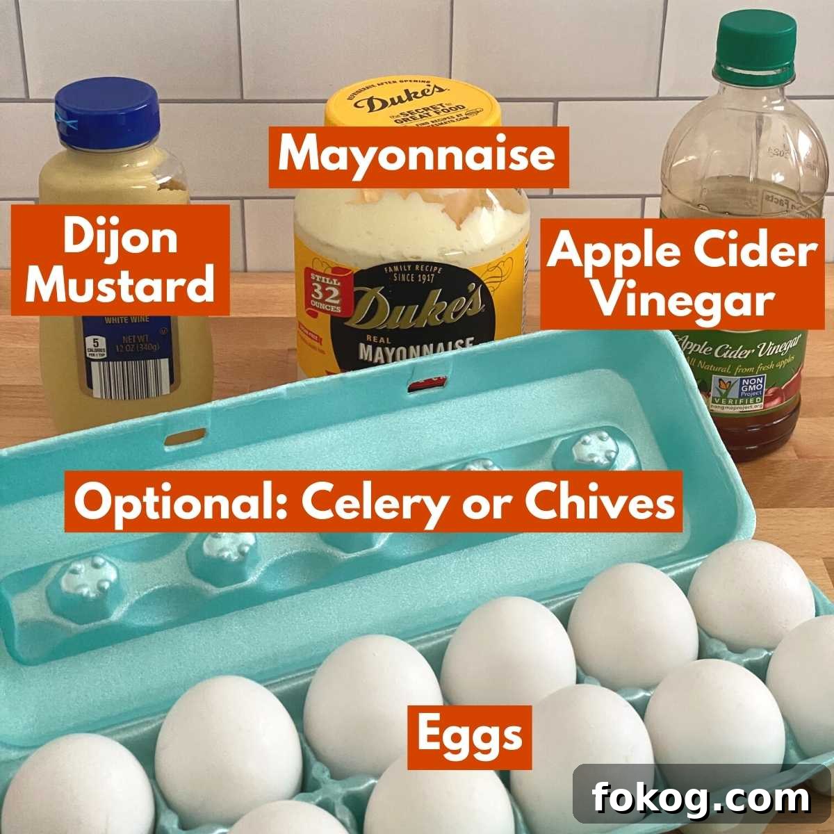 Creamy Low-Carb Keto Egg Salad Recipe for Quick Meals 3 Picture of ingredients to make keto egg salad: Eggs, mayonnaise, Dijon mustard, apple cider vinegar.