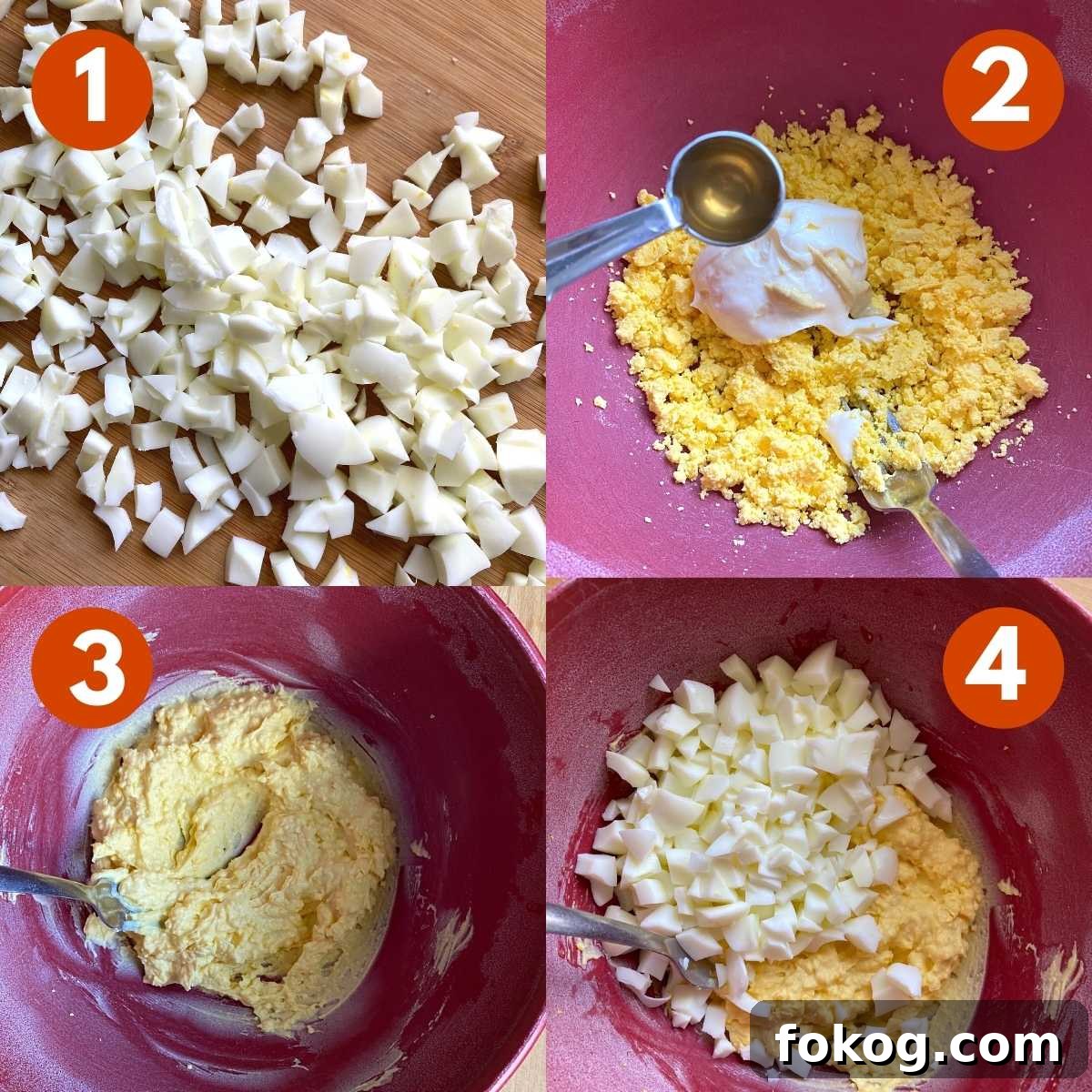 Creamy Low-Carb Keto Egg Salad Recipe for Quick Meals 4 Numbered picture collage of steps to make egg salad. 1) Chopped egg whites on a cutting board, 2) Crumbled yolks, mayonnaise, and vinegar in bowl, 3) Mixed egg yolk mixture, 4) Chopped eggs being folding into egg yolk mixture.
