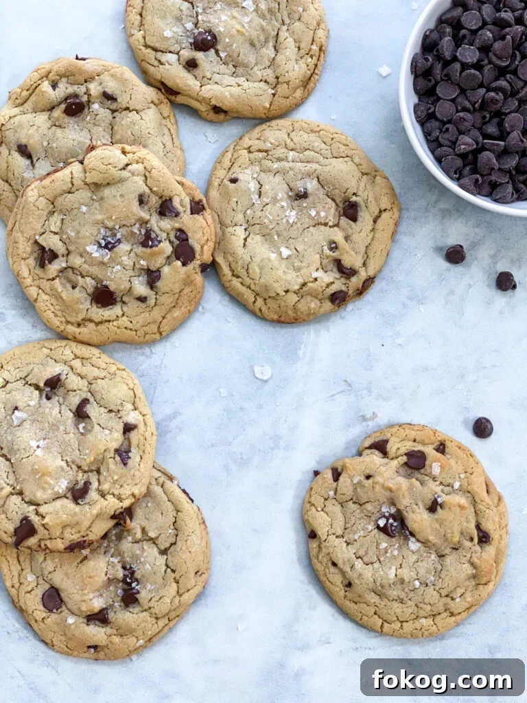 no butter chocolate chip cookies with bowl of chocolate chips
