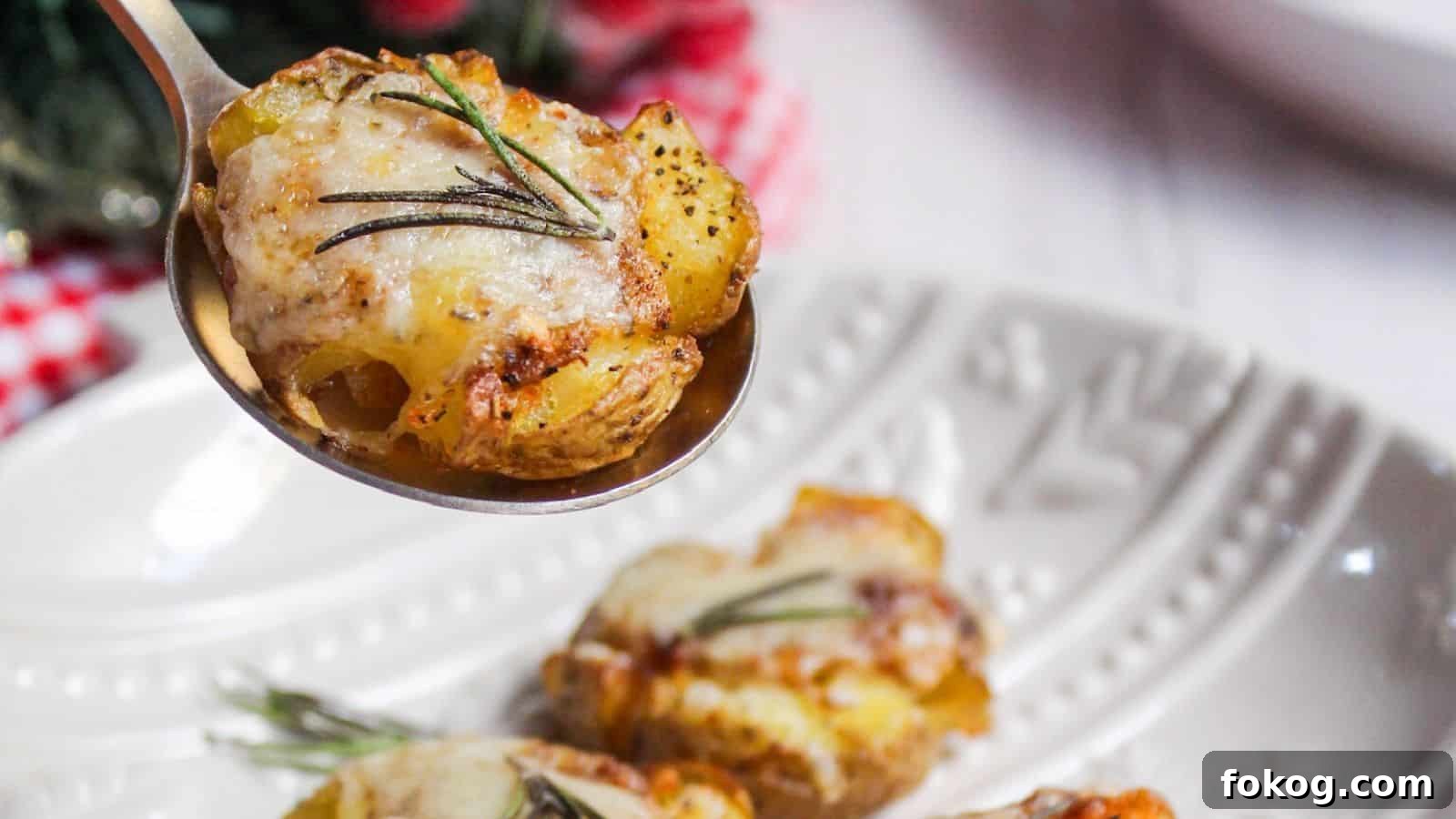 12 Irresistible Potato Recipes You’ll Love Making Again 13 A spoon lifting a smashed potato garnished with rosemary, with a festive table setting in the background.
