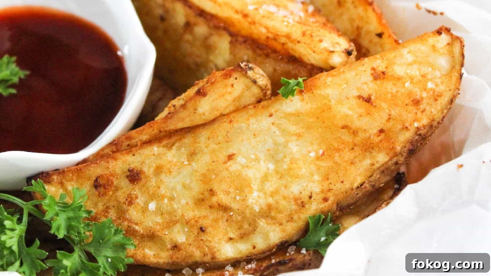 12 Irresistible Potato Recipes You’ll Love Making Again 4 Fried potato wedges with ketchup and parsley.