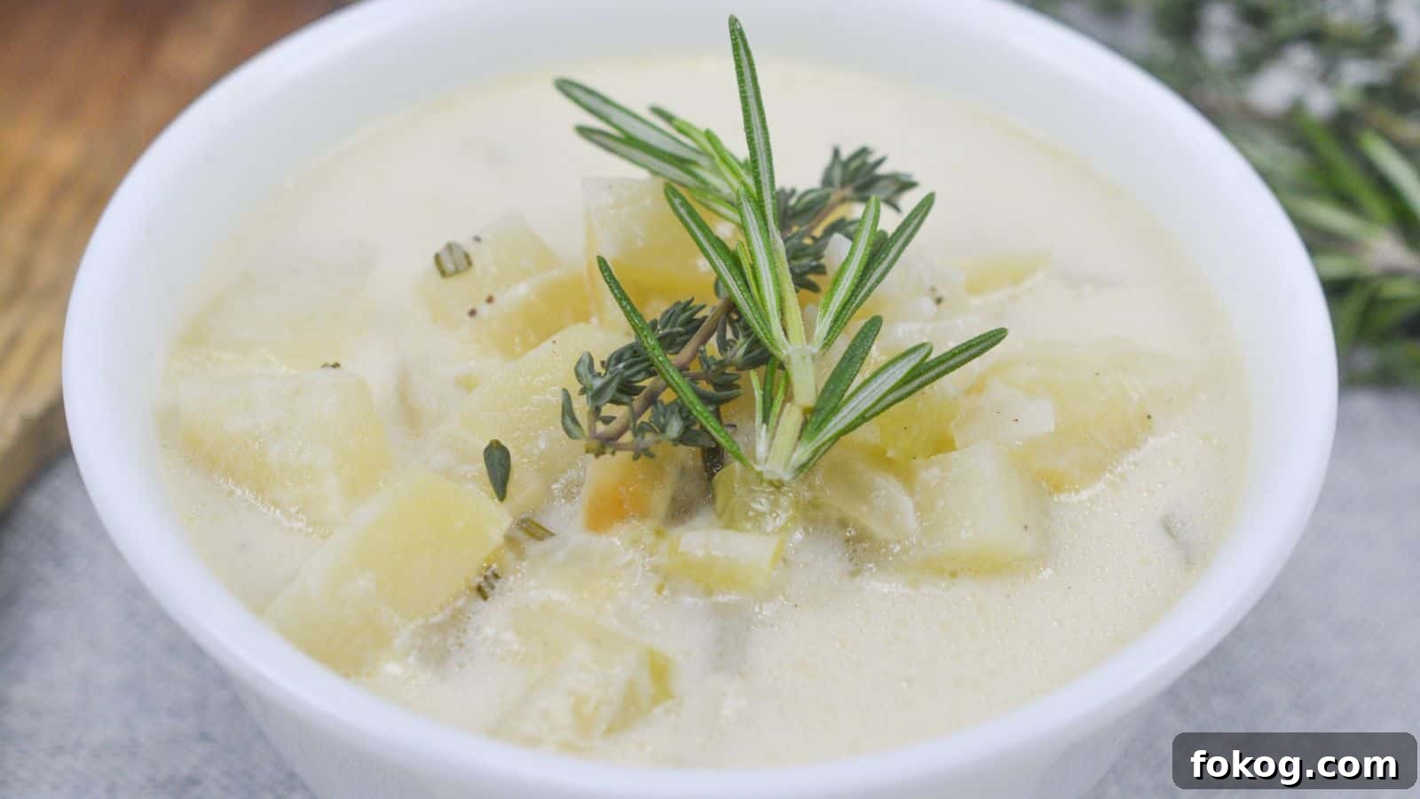 12 Irresistible Potato Recipes You’ll Love Making Again 10 A bowl of creamy potato soup garnished with rosemary and thyme, served on a wooden table.