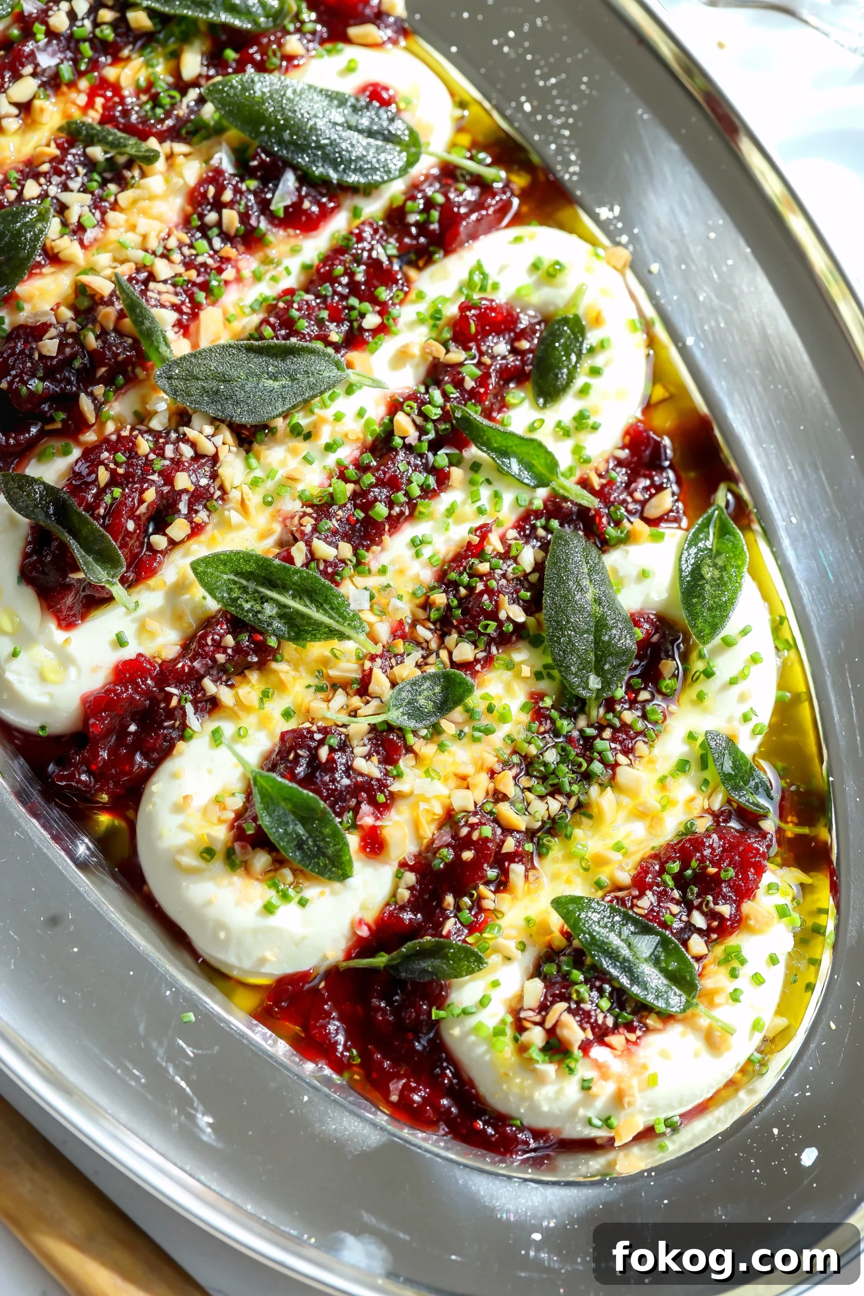 Holiday Cranberry Cream Cheese Dip layered with creamy cheese, chipotle cranberry sauce, fried sage, chives, and almonds on a festive platter.