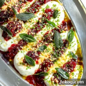 Holiday Cranberry Cream Cheese Dip layered with creamy cheese, chipotle cranberry sauce, fried sage, chives, and almonds on a festive platter.