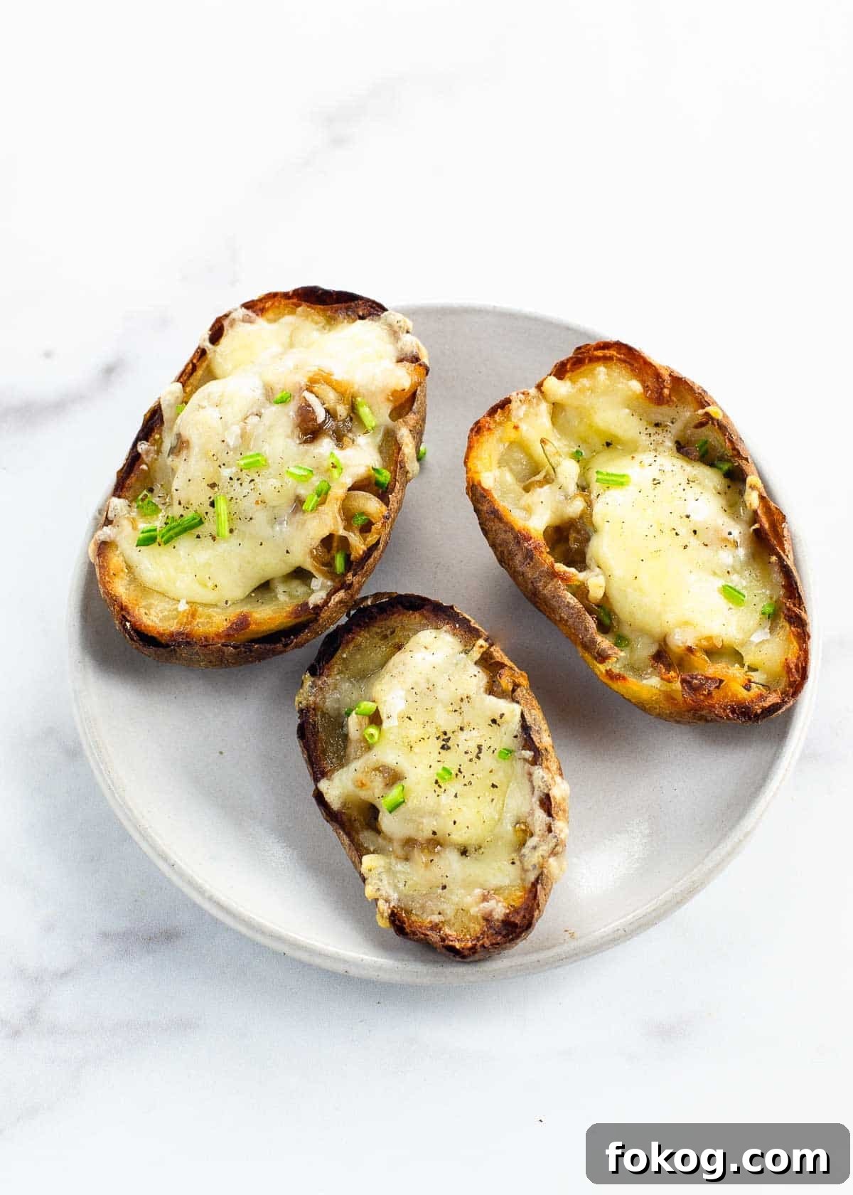 french onion soup potato skins on a plate