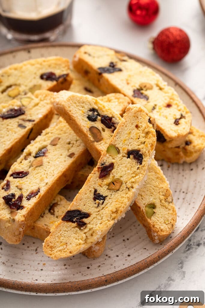 Cranberry, Orange & Pistachio Biscotti Recipe 2 A plate with biscotti with pistachios and cranberries