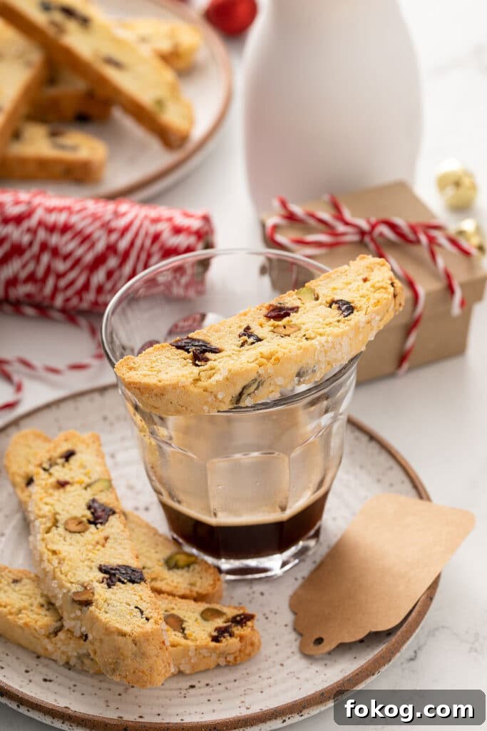 Cranberry, Orange & Pistachio Biscotti Recipe 3 Biscotti on a plate served with coffee