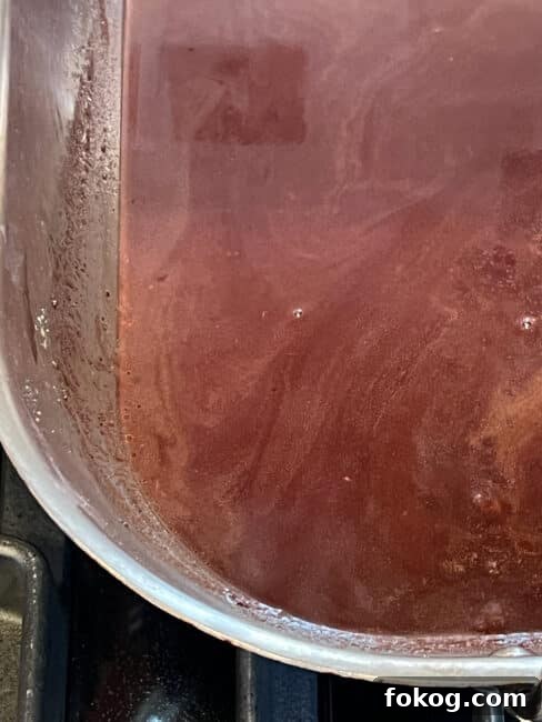 Pomegranate-Port Gravy with Rosemary for Roasts and Poultry 11 Pomegranate sauce in the roasting pan mixed and ready to serve.