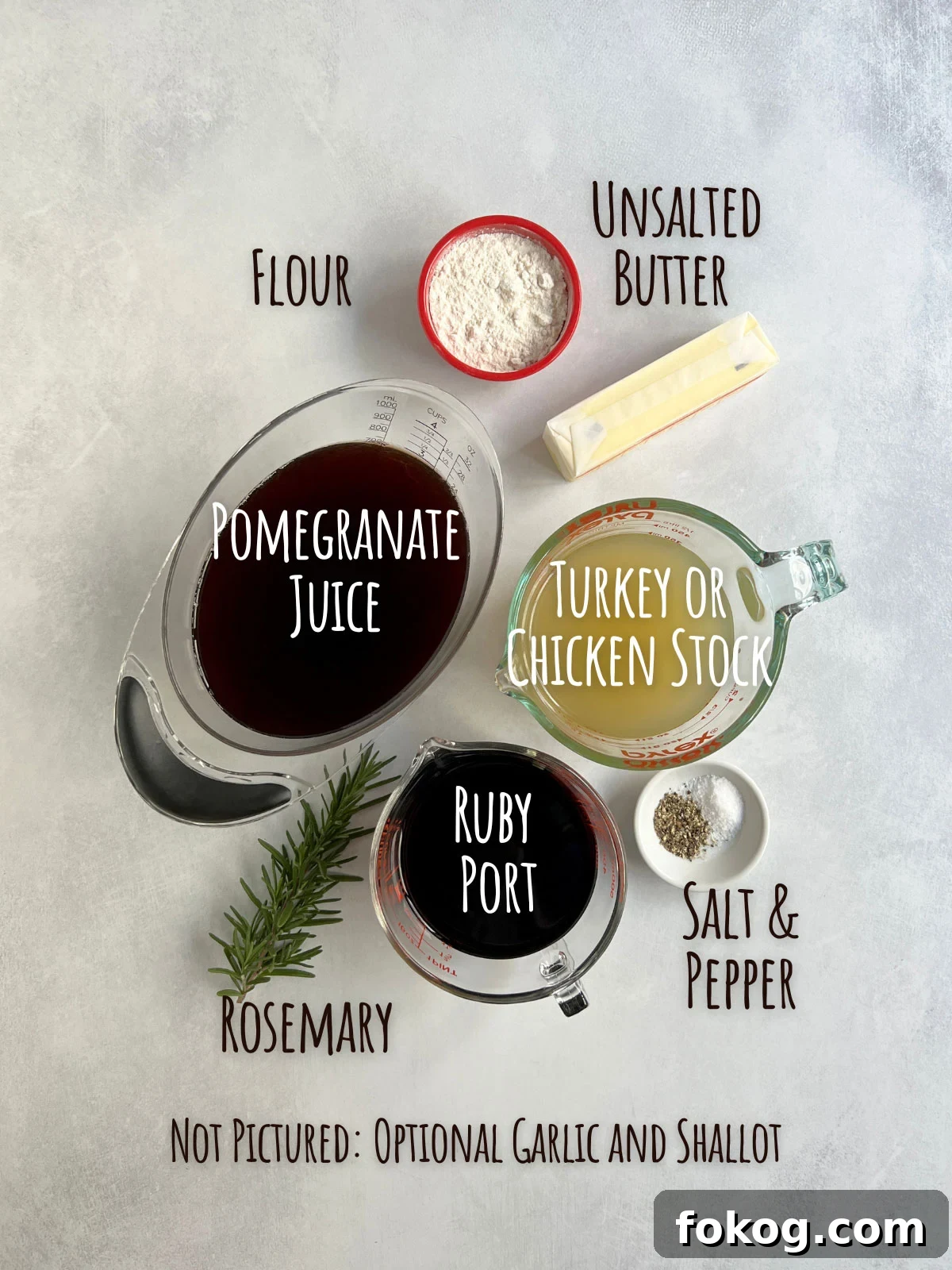 Pomegranate-Port Gravy with Rosemary for Roasts and Poultry 3 Ingredient shot for pomegranate gravy show all the liquids and flavoring ingredients.