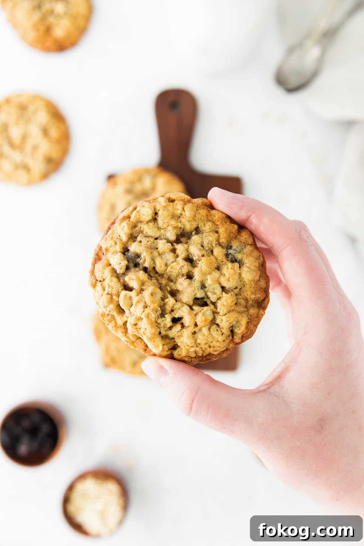 a hand holding an oatmeal raisin cookie.