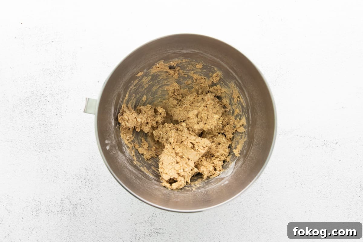 cookie dough in a mixing bowl on a white background.