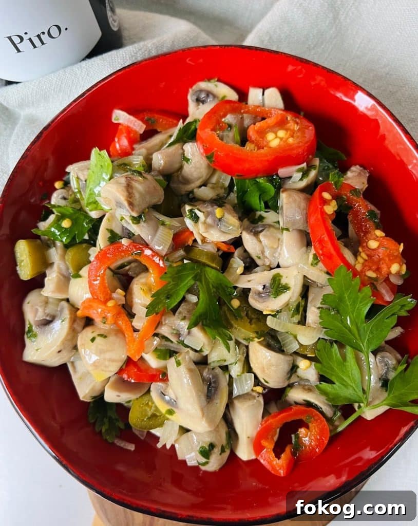 Spicy Italian Marinated Mushrooms Finished and Styled in Bowl