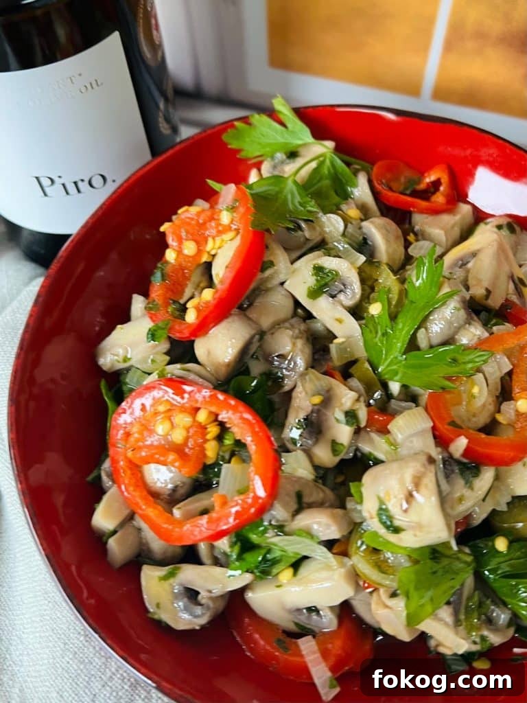 Spicy Italian Pickled Mushrooms Finished and Styled in Bowl.
