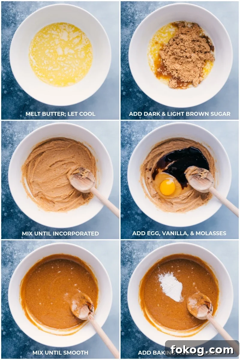 Process shots: mixing butter and sugars, then adding egg, vanilla, molasses, and leavening